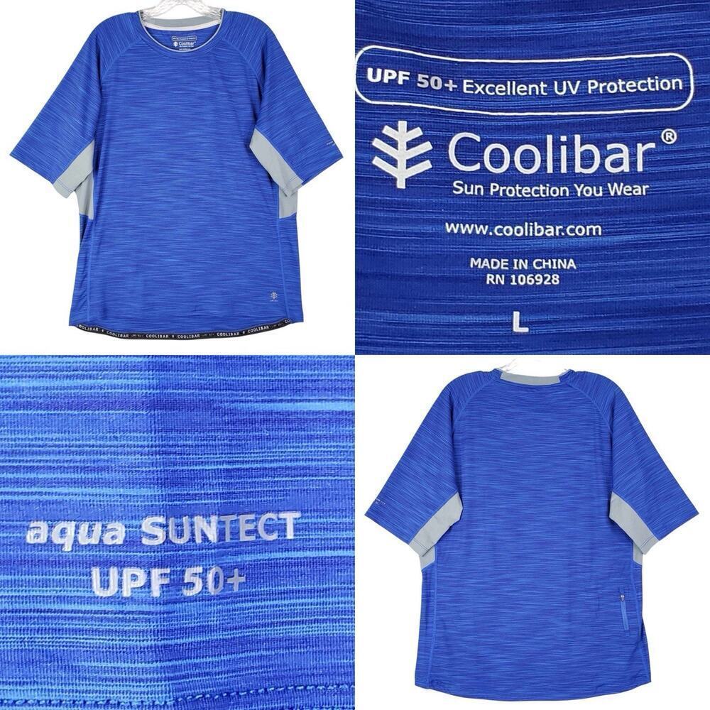 Coolibar Shirt Mens Large Blue Short Sleeve Swim UPF 50+ Pool Beach Sun Protect